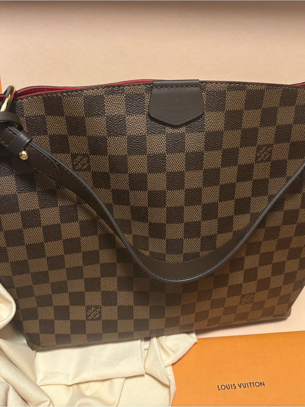 Louis Vuitton Damier Ebene Shoulder Tote with Red Trim